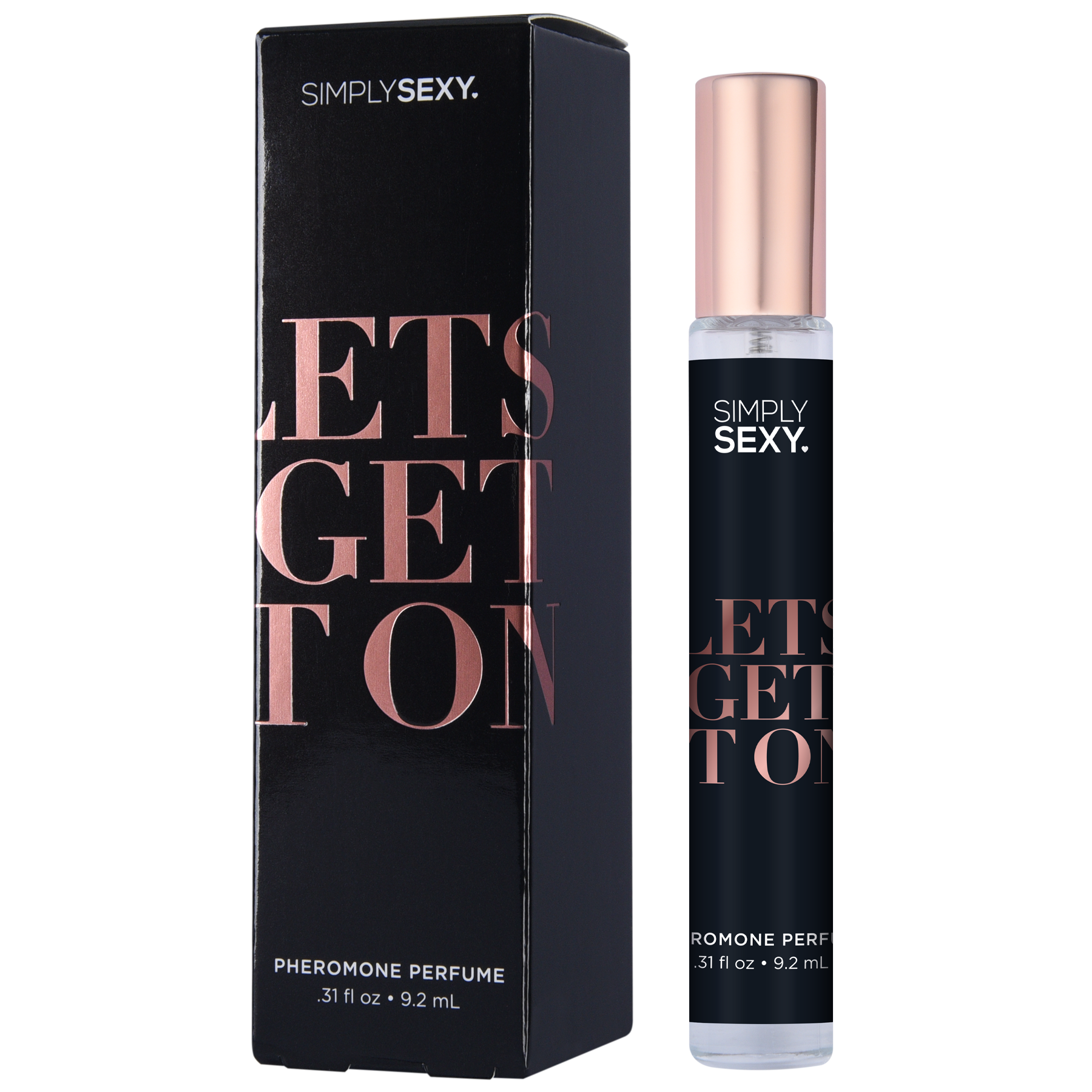 Simply Sexy Pheromone Perfume Spray in "Let's Get It On" with rose gold accents.