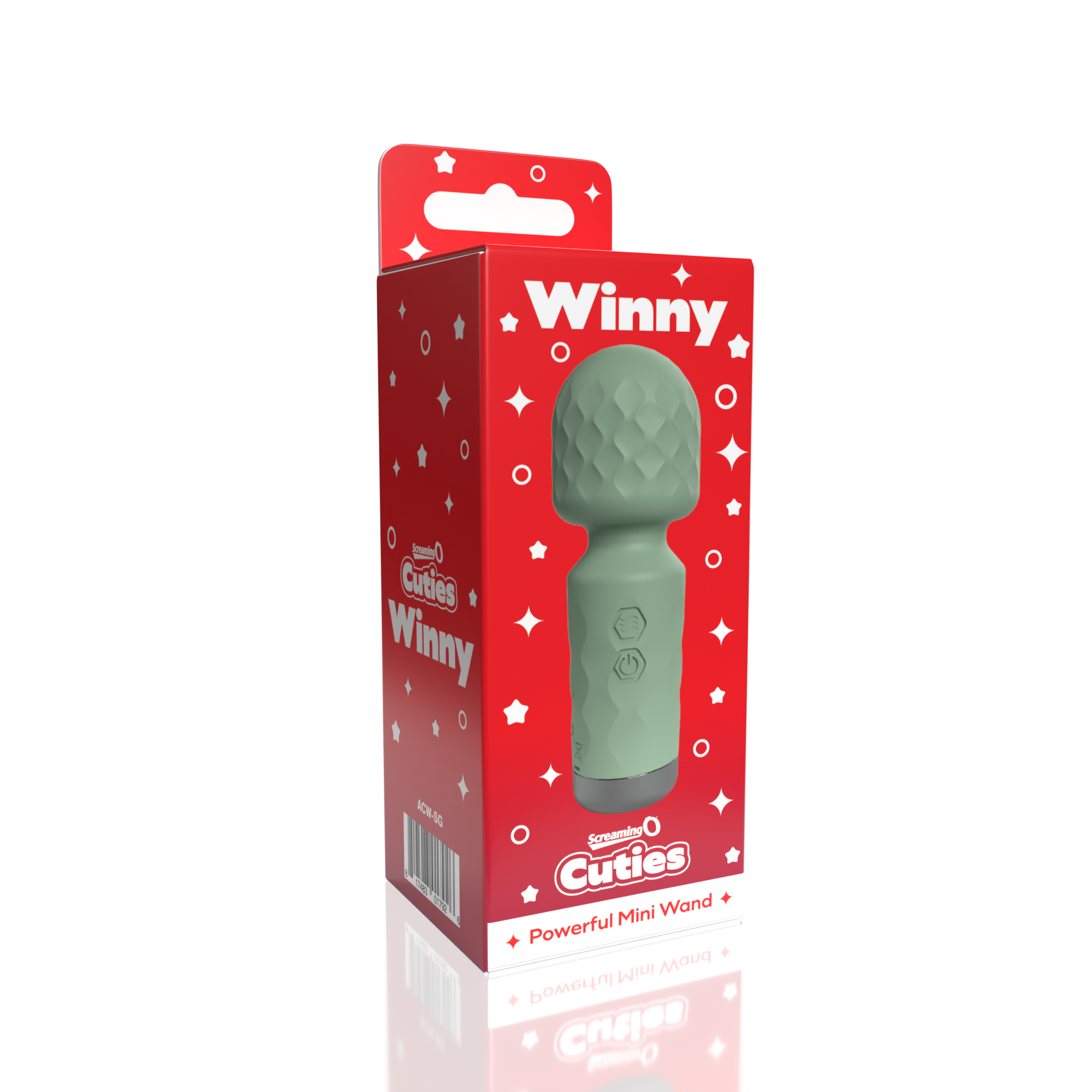A green mini wand vibrator in its red box packaging.