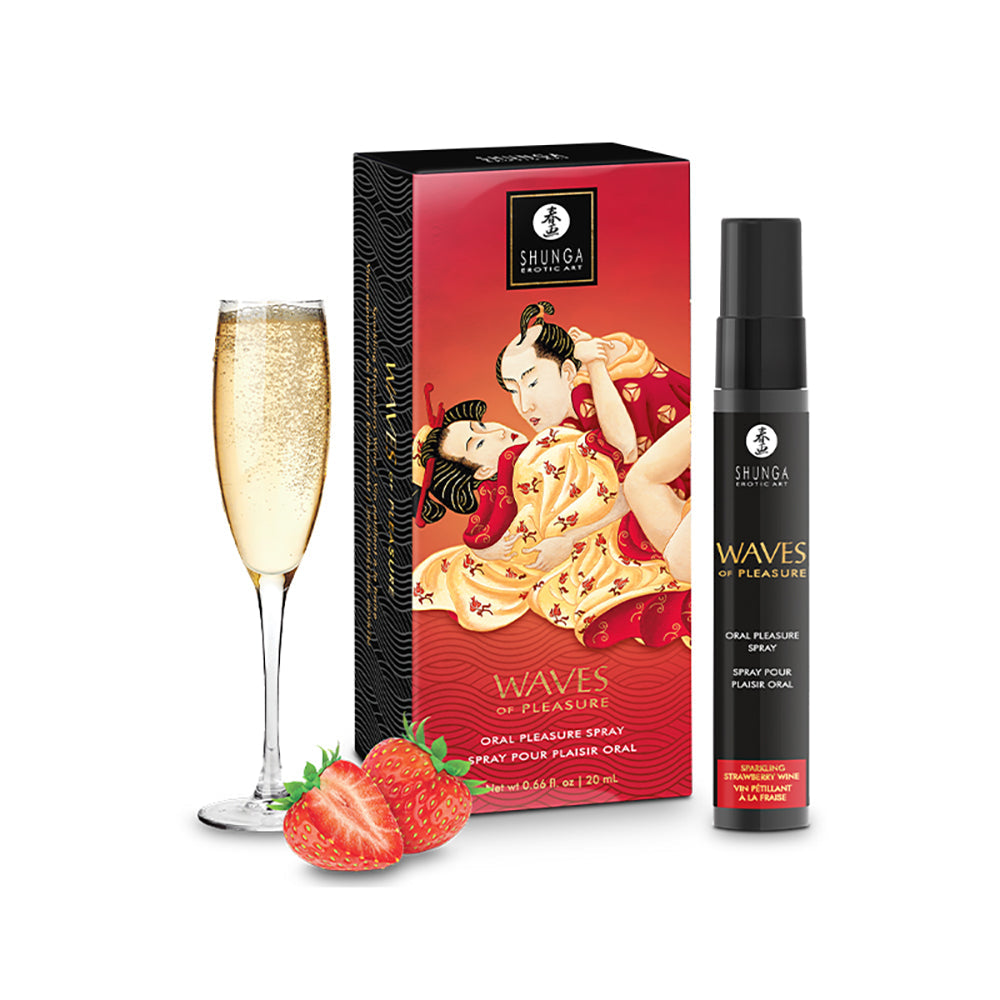 Shunga Oral Pleasure Spray in Sparkling Strawberry Wine with a champagne flute and strawberries.