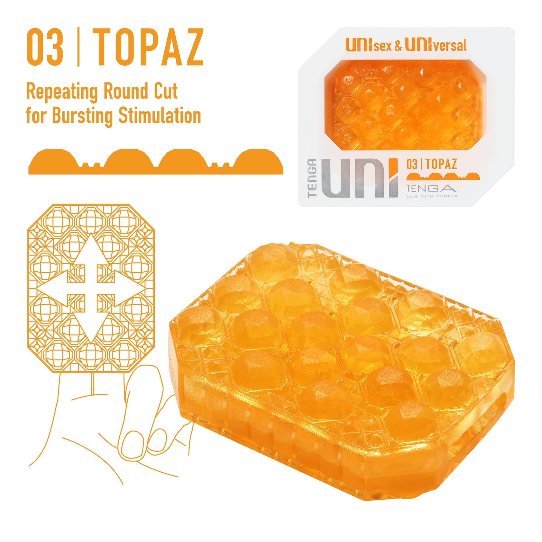 Orange textured sleeve with repeating round cuts for stimulation.