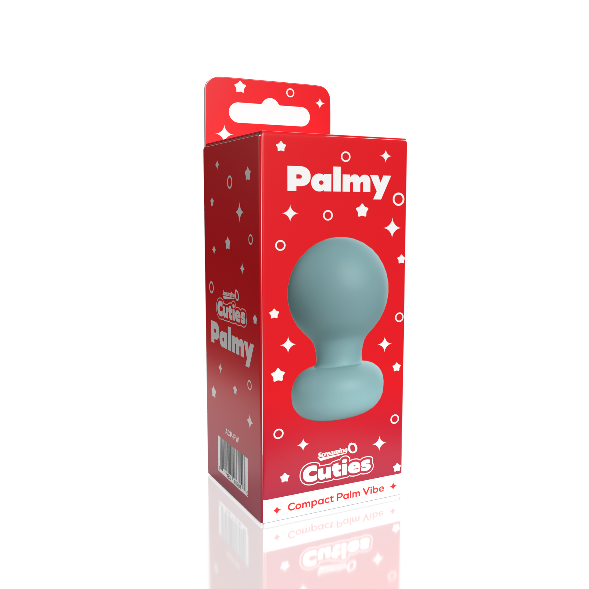 A powder blue silicone palm vibrator in its red packaging.