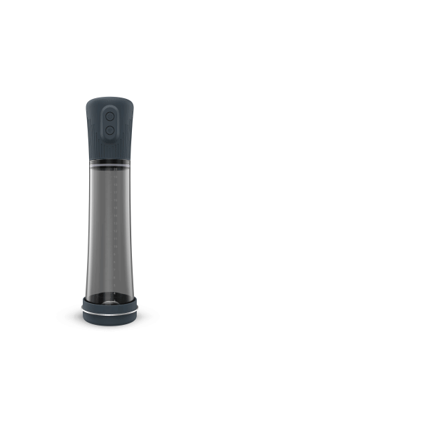 Black silicone penis pump with gray handle and clear tube.
