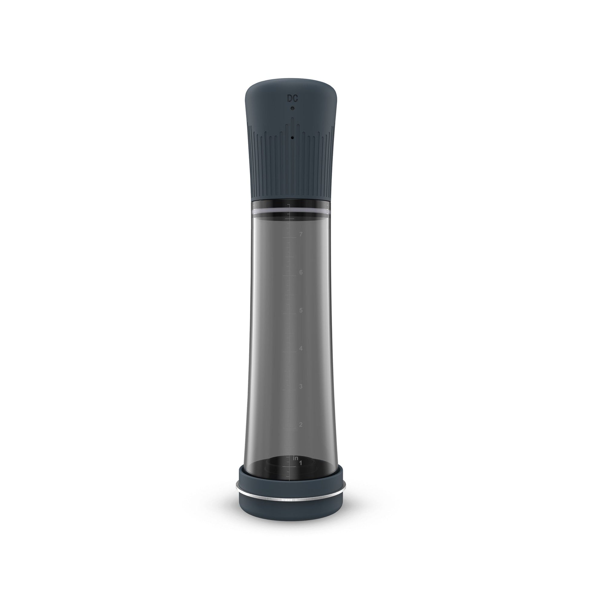 A dark gray penis pump with a clear chamber and measurement markings.