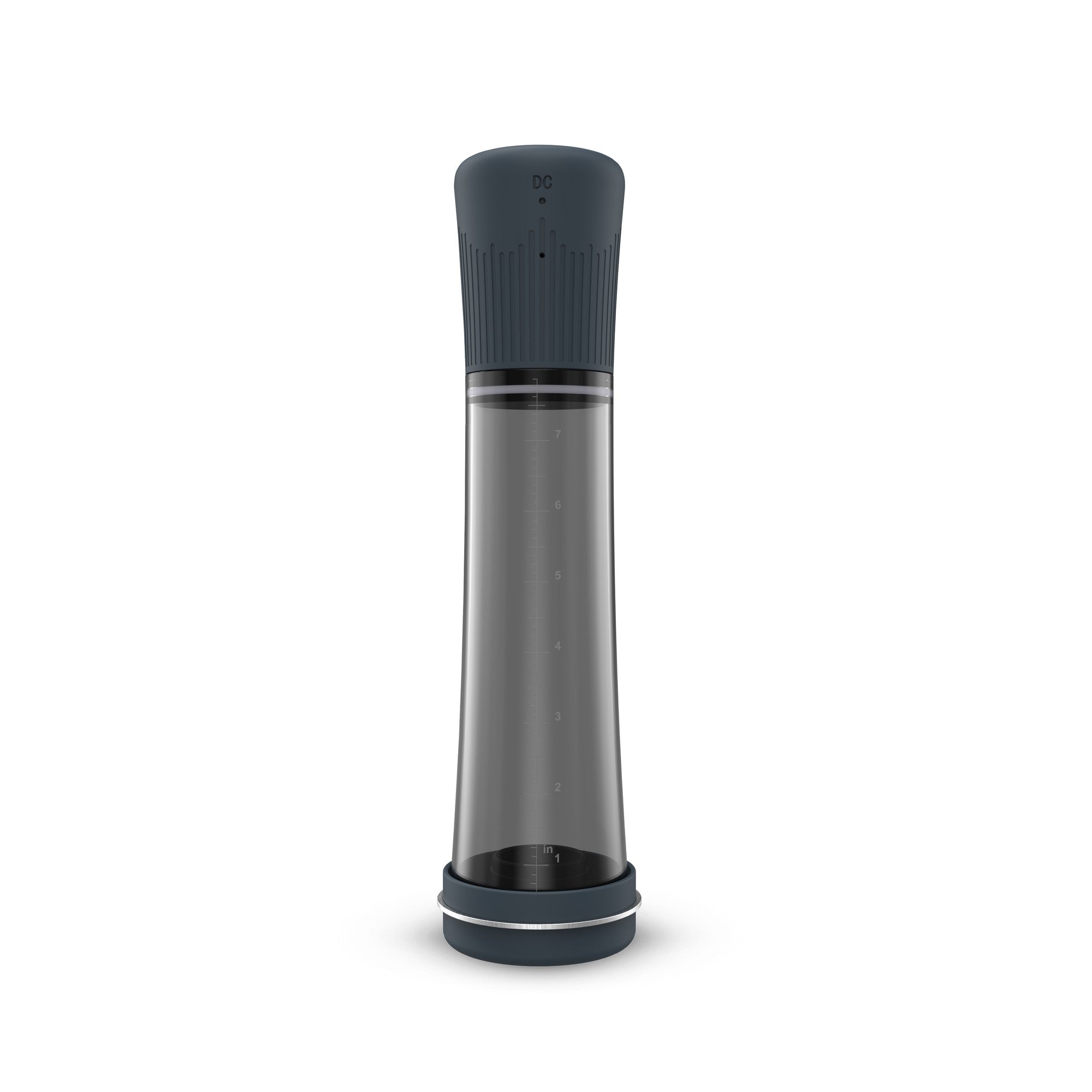 A dark gray penis pump with a clear chamber and measurement markings.