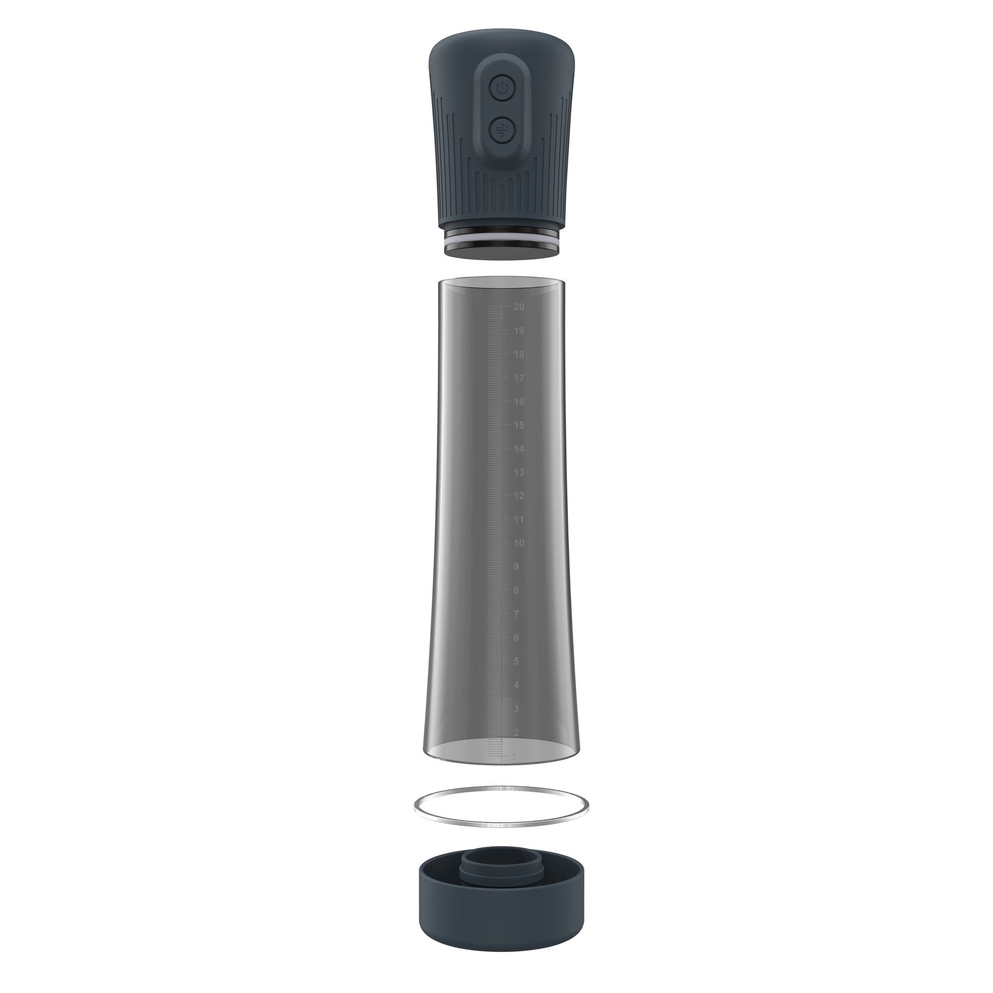 Exploded view of a dark gray penis pump with measurement markings.