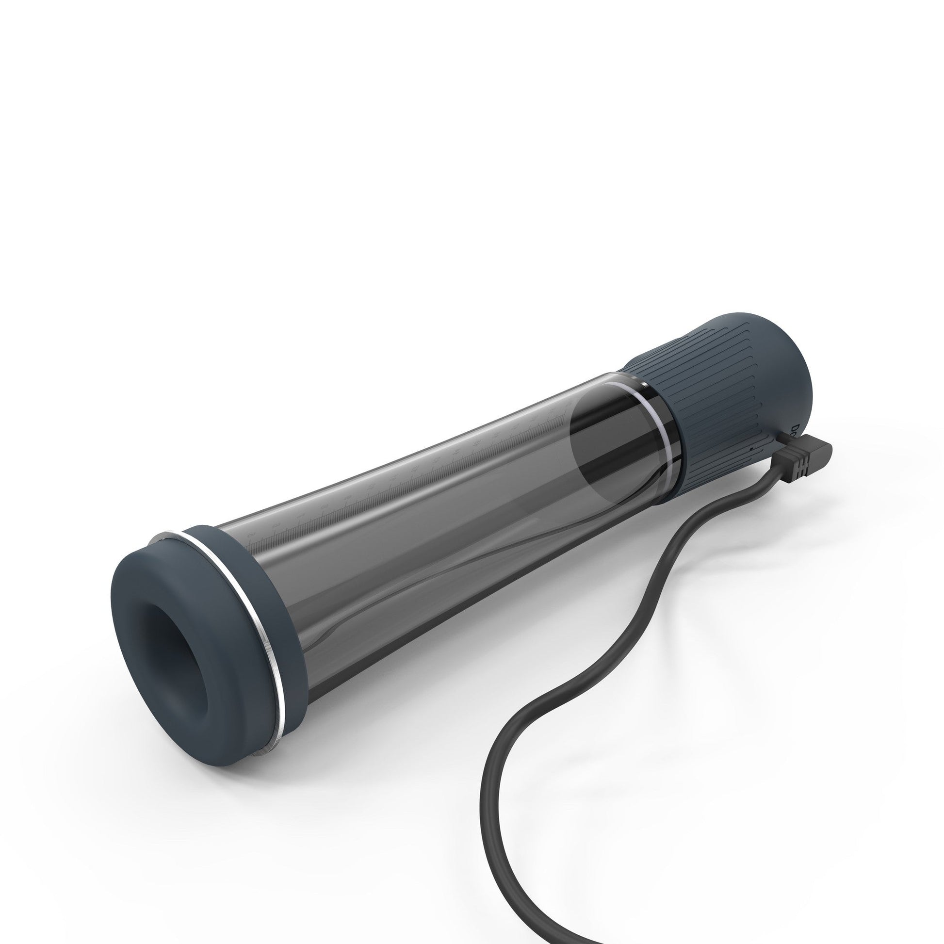 A dark gray and clear penis pump with a USB cable attached.