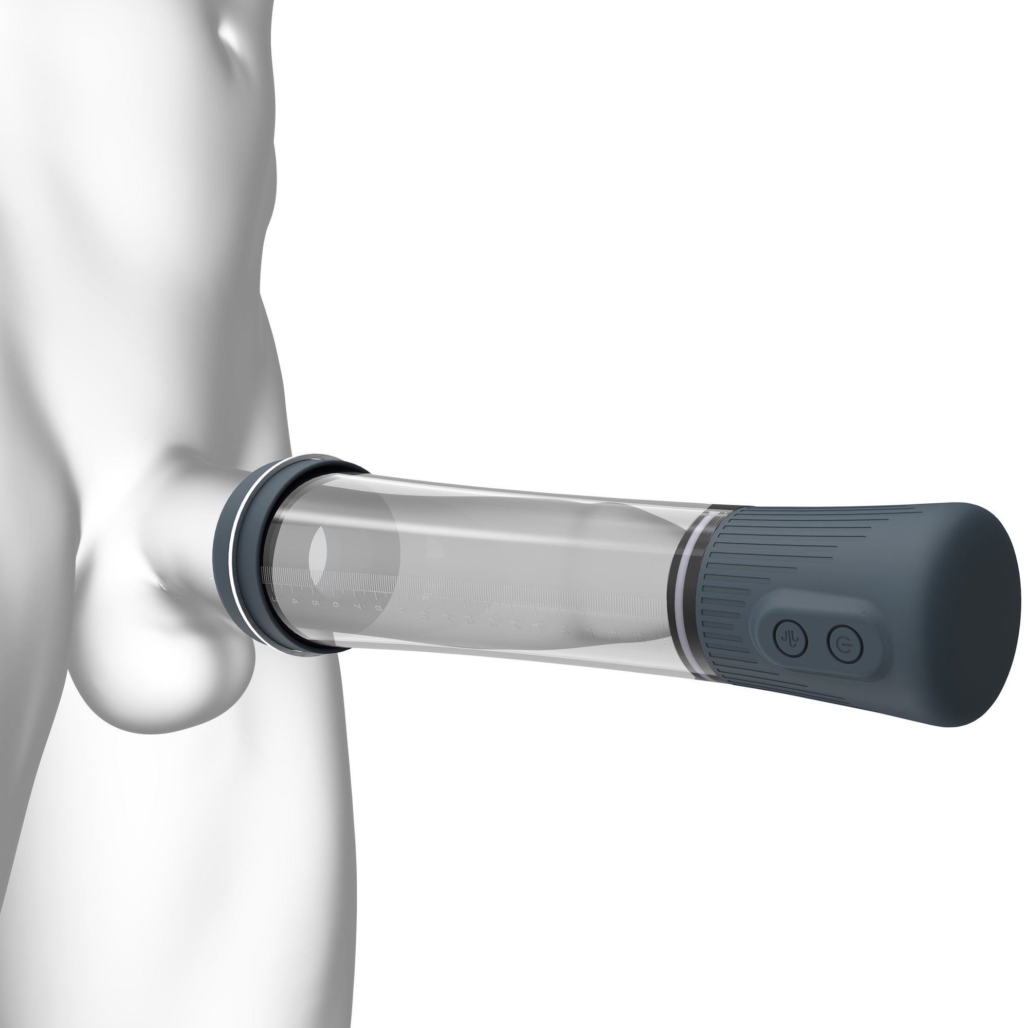 A clear penis pump with measurement markings and a grey handle with buttons.