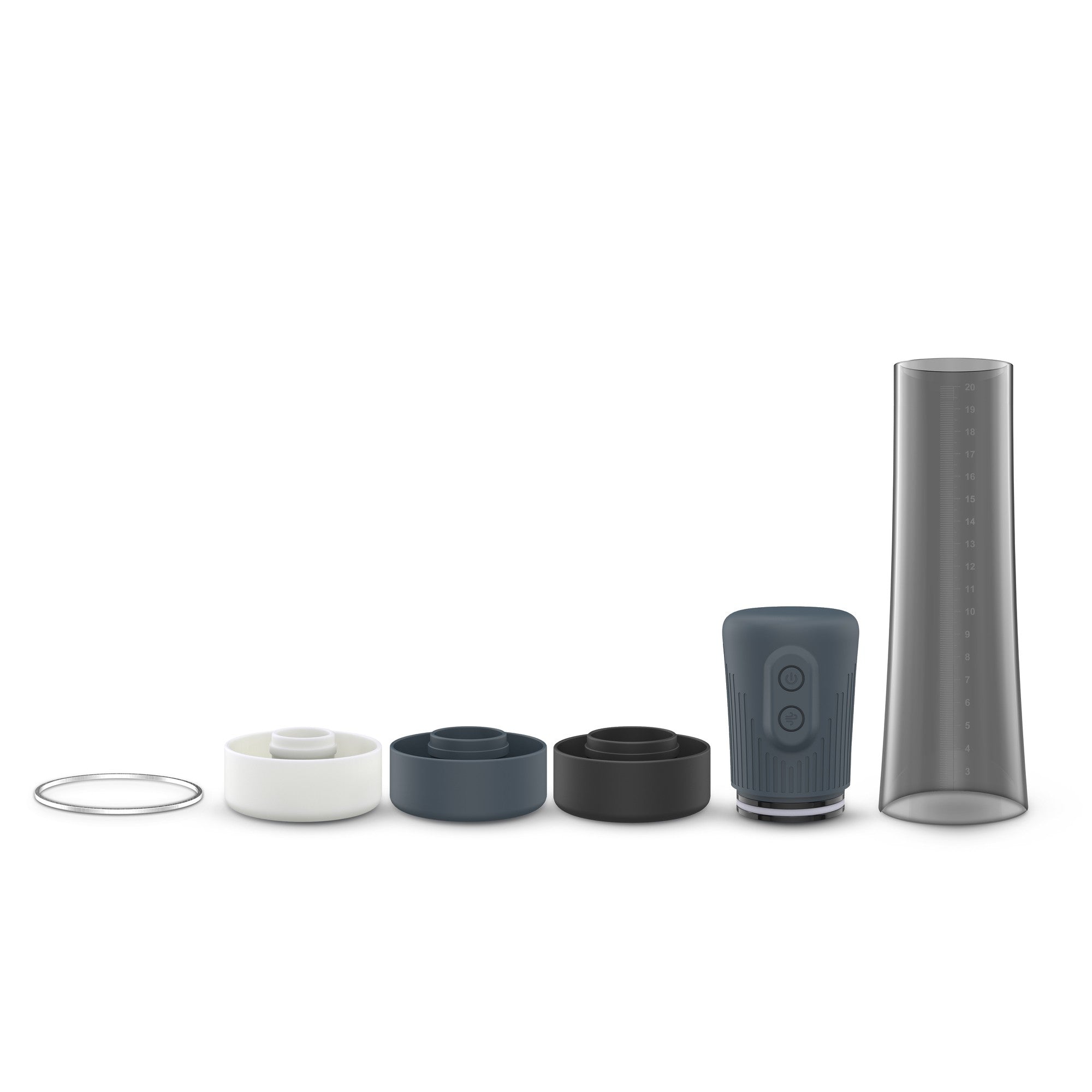 A penis pump set with a measuring cylinder, pump, and three silicone sleeves.