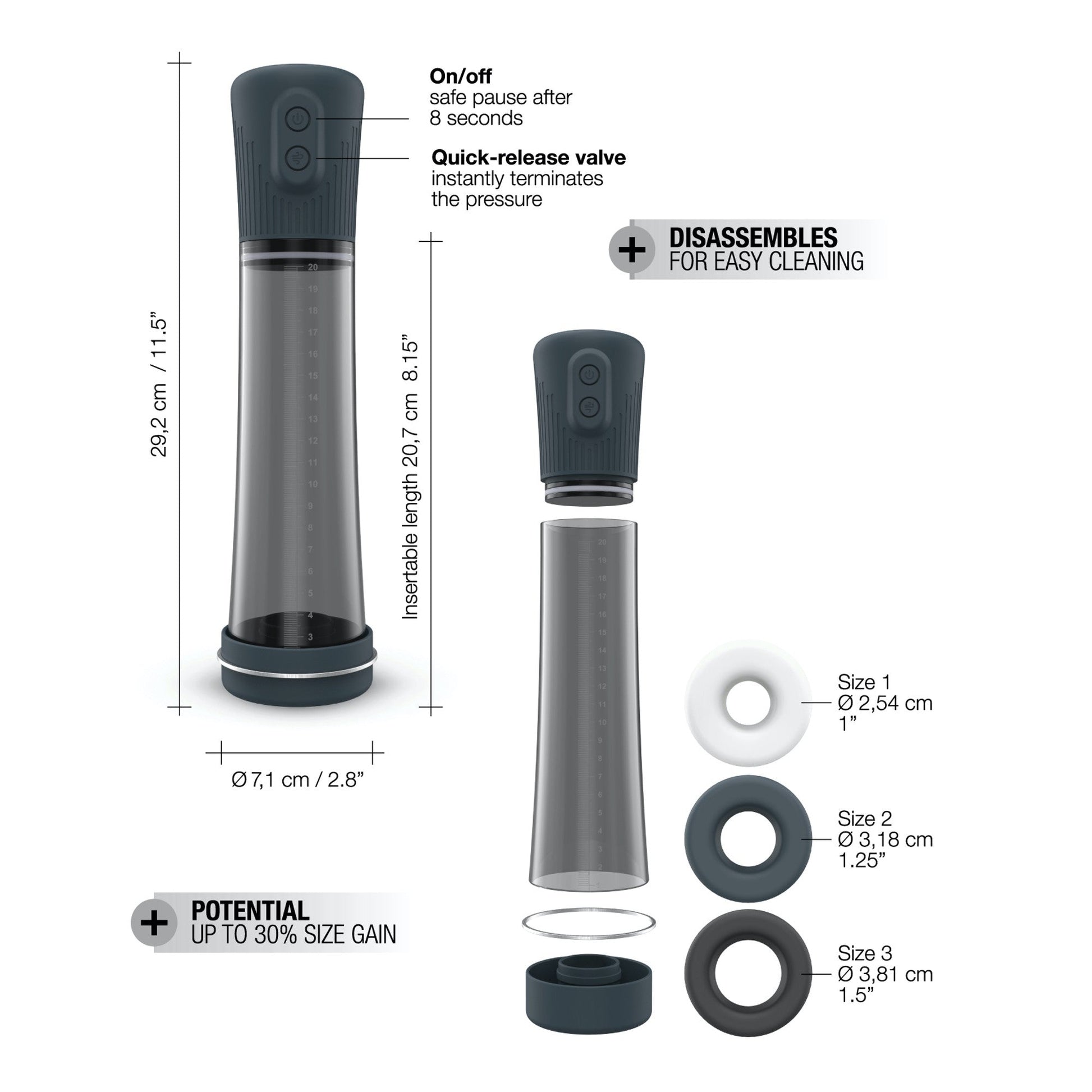 A penis pump with a clear chamber, grey handle, and three silicone rings.
