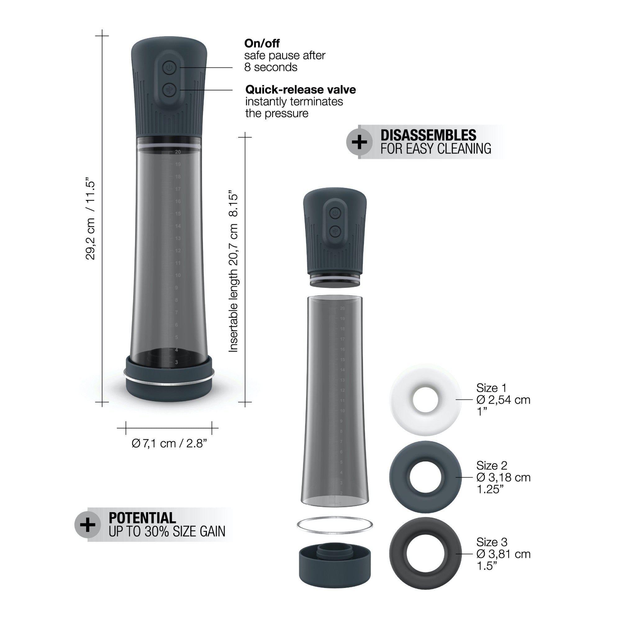 A penis pump with a clear chamber, grey handle, and three silicone rings.