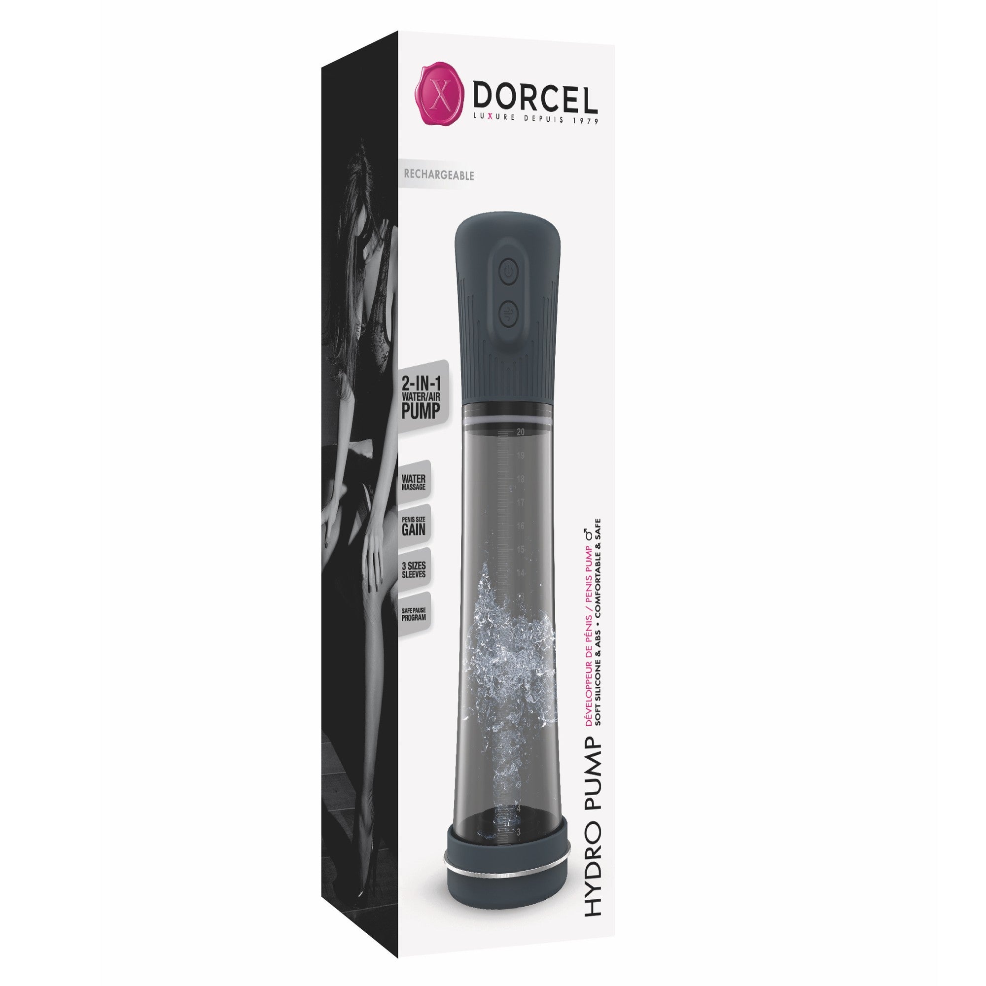 Dorcel Hydro Pump 2-in-1 water and air penis pump with sleeves.
