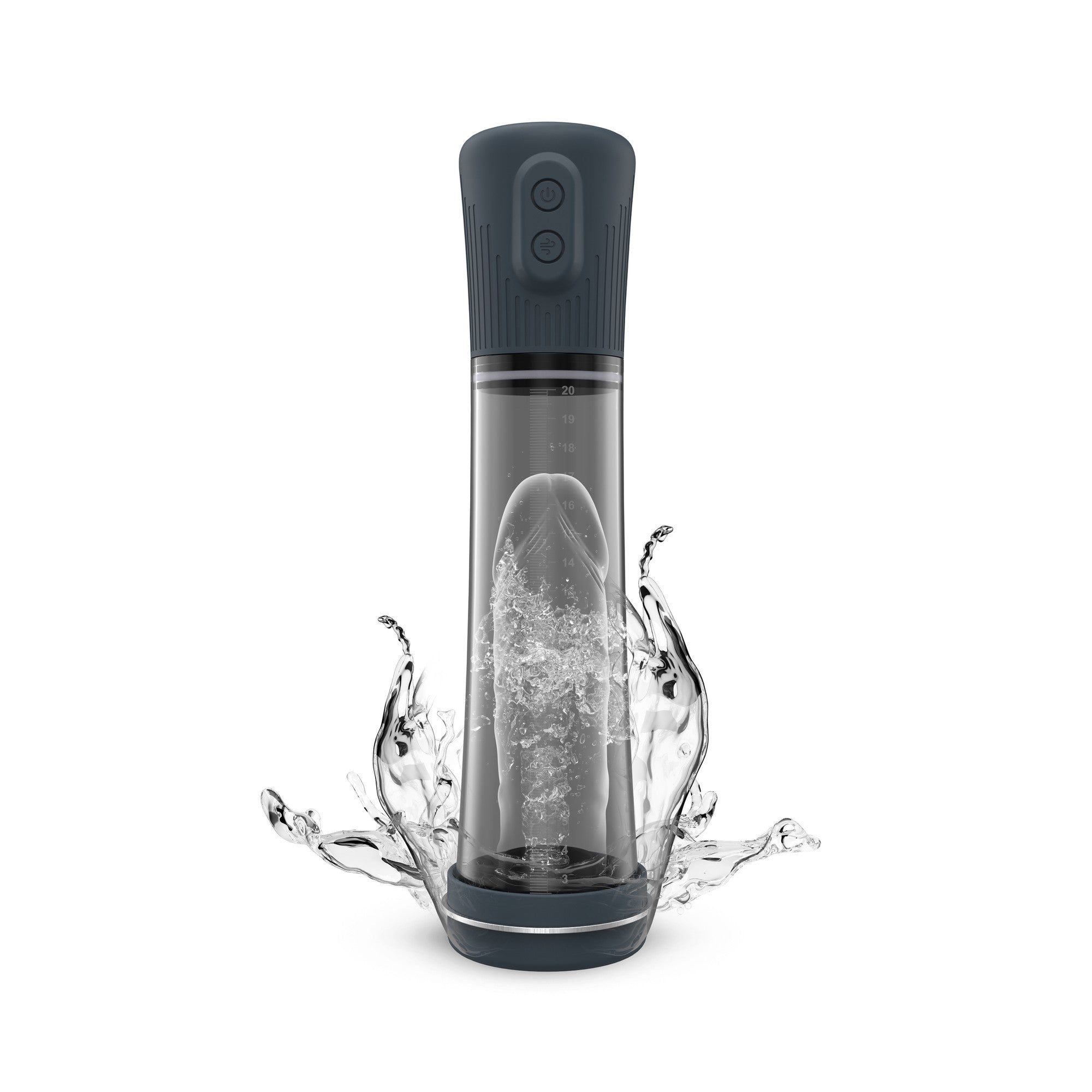 A dark grey and clear penis pump with water splashing around its base.