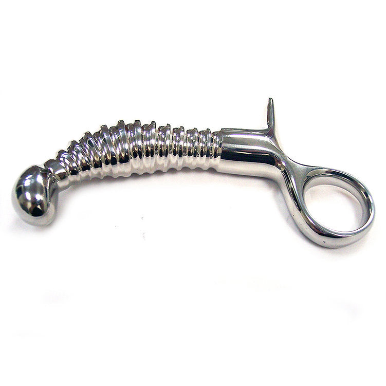 Stainless steel ribbed anal plug with a handle.