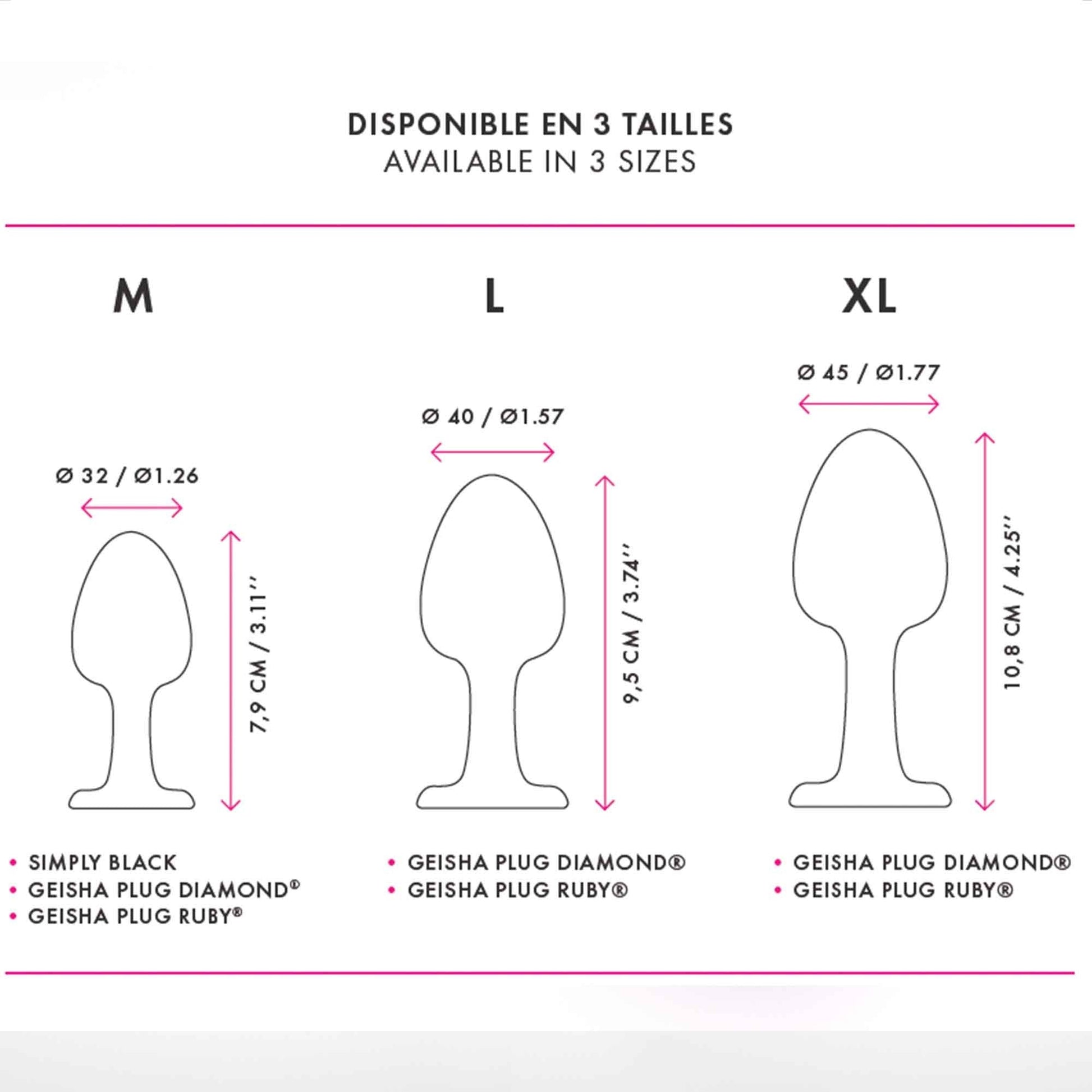 Three sizes of anal plugs with dimensions and product names.