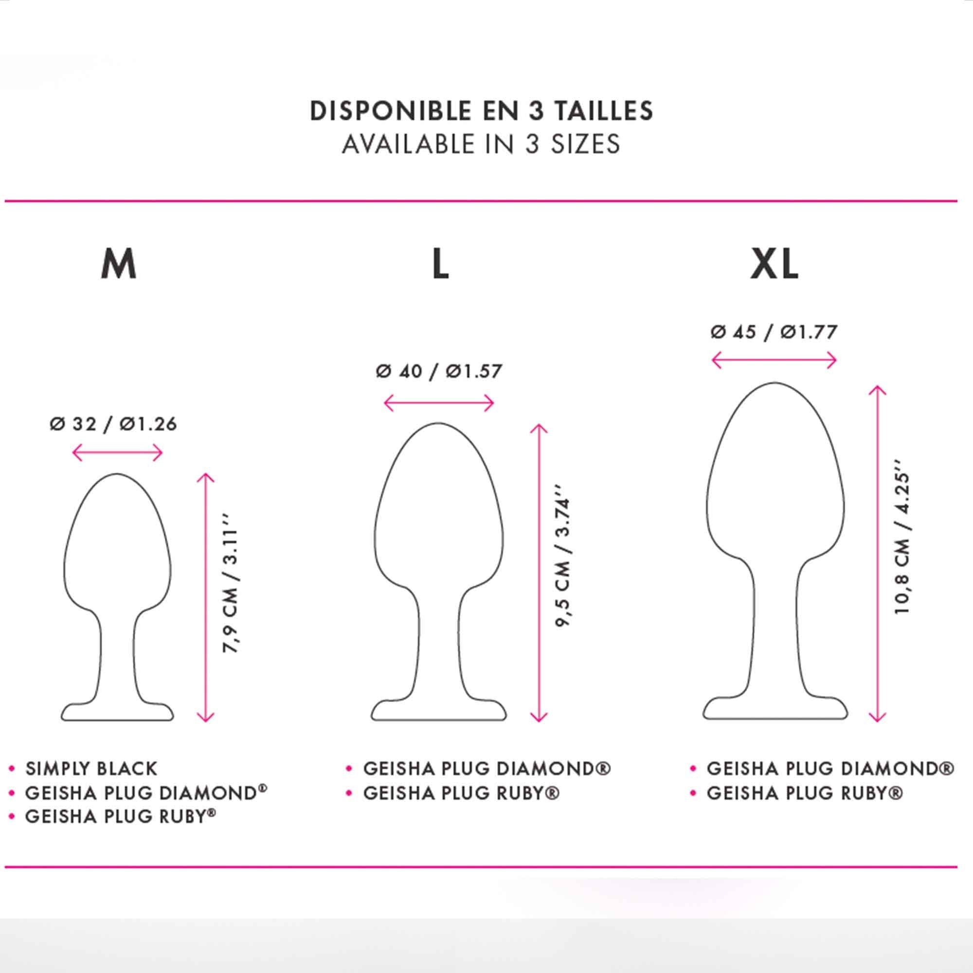 Three sizes of anal plugs with dimensions and product names.