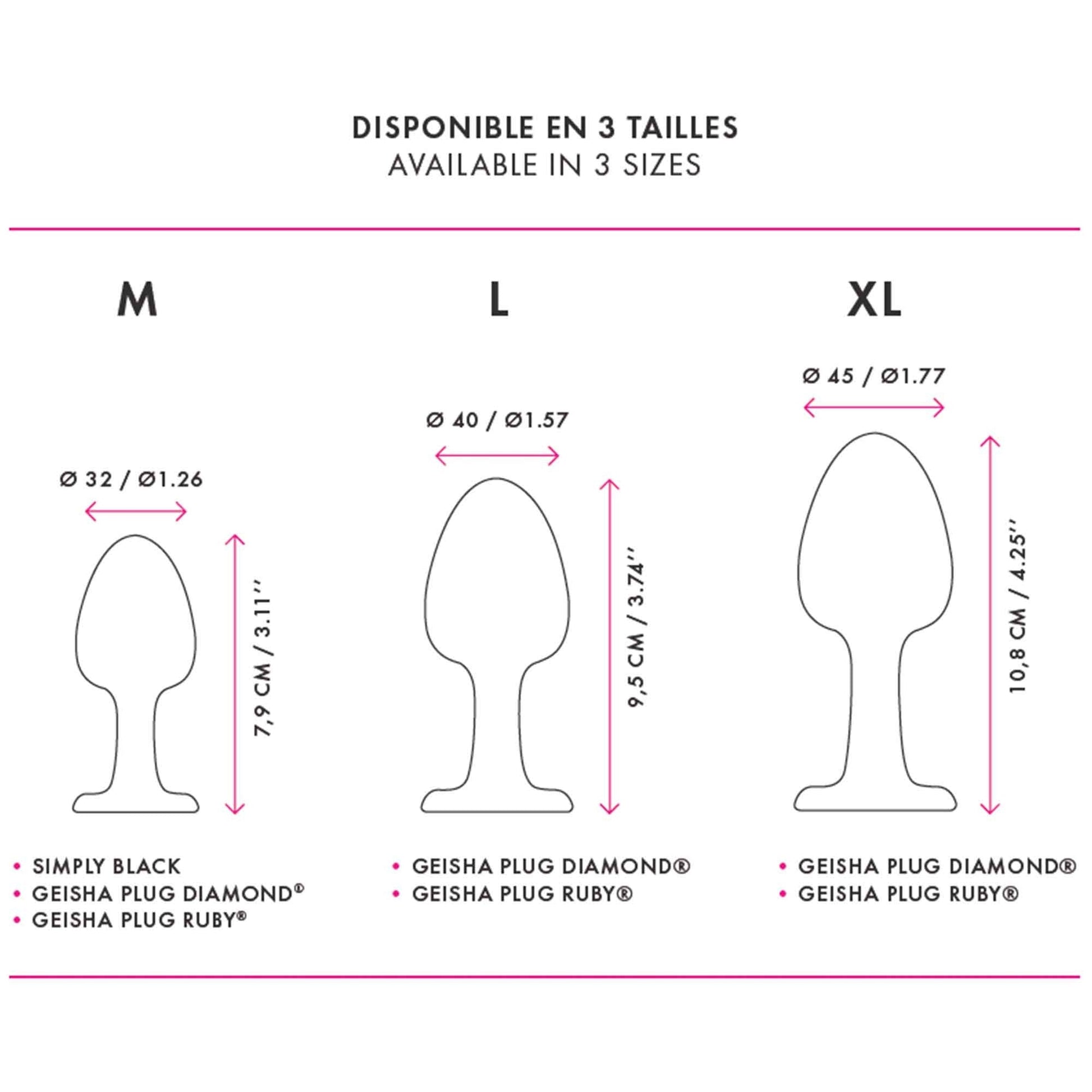 Three sizes of anal plugs with dimensions and product names.