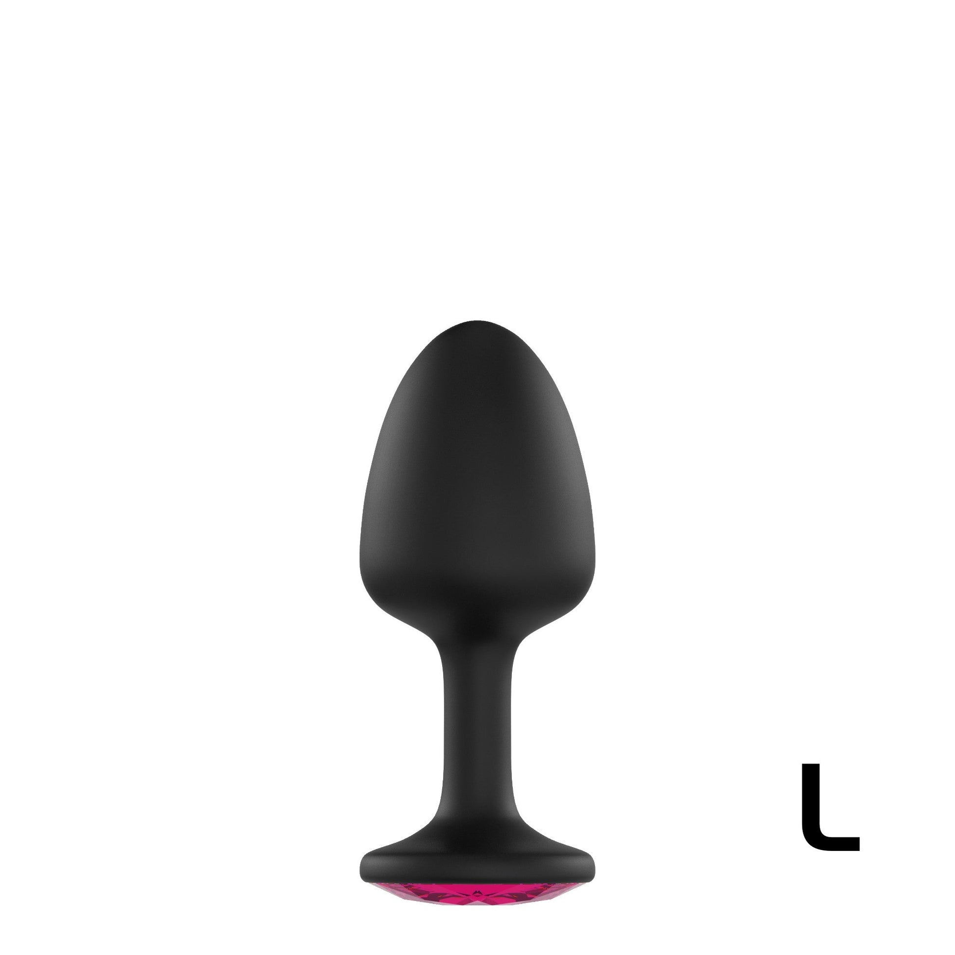 Black anal plug with a flared base and a pink gemstone accent.