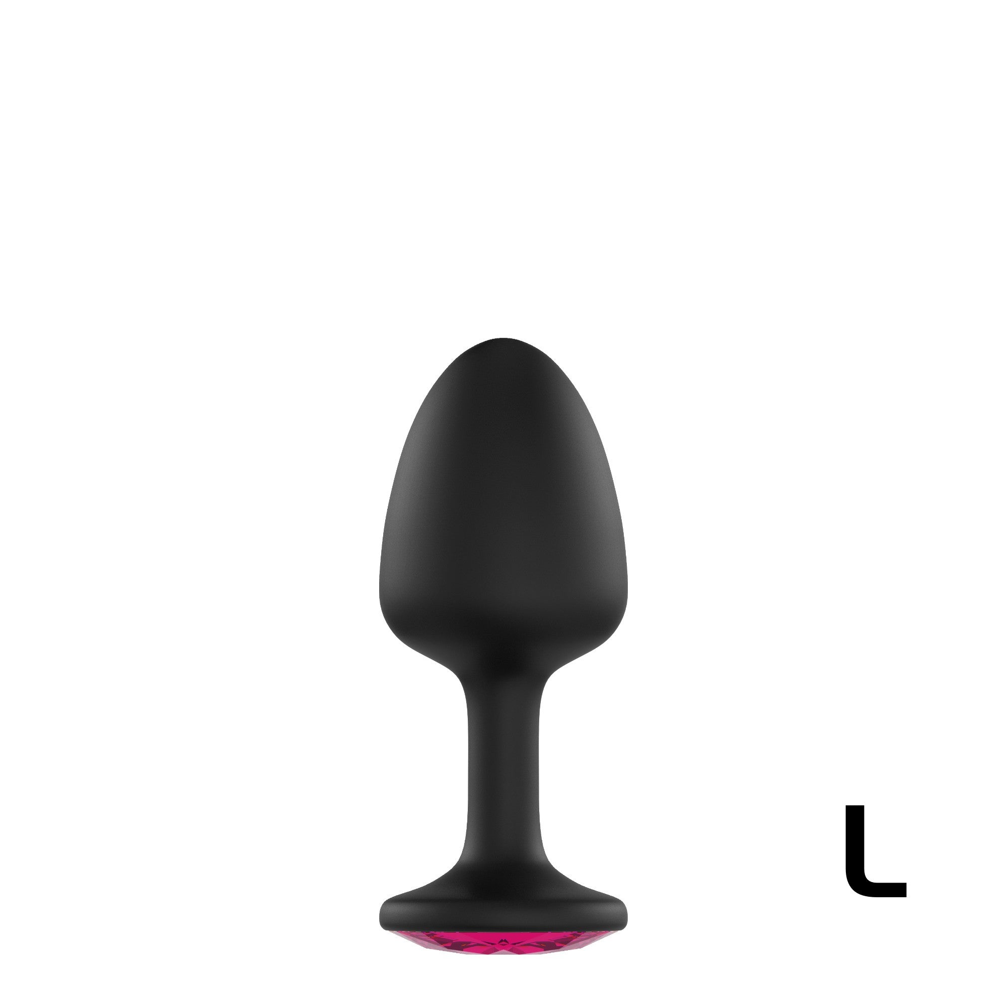 Black anal plug with a flared base and a pink gemstone accent.