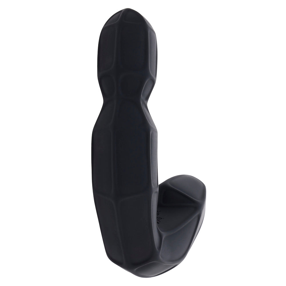 Black remote control prostate massager with a textured, curved design.