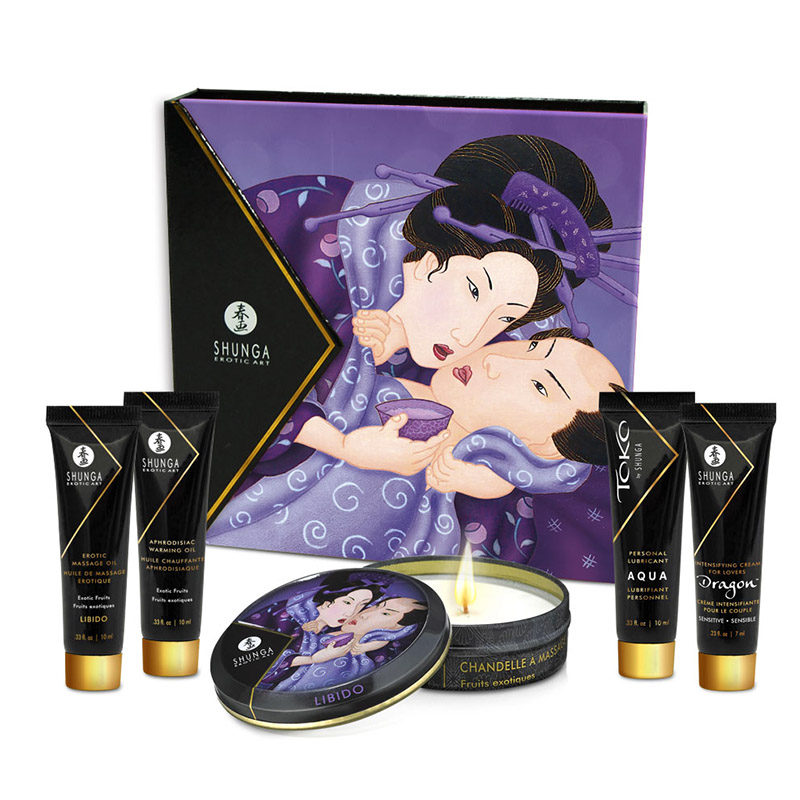 Geisha's Secret Exotic Fruits Sensual Gift Set with massage oils, candle, lubricant, and cream.