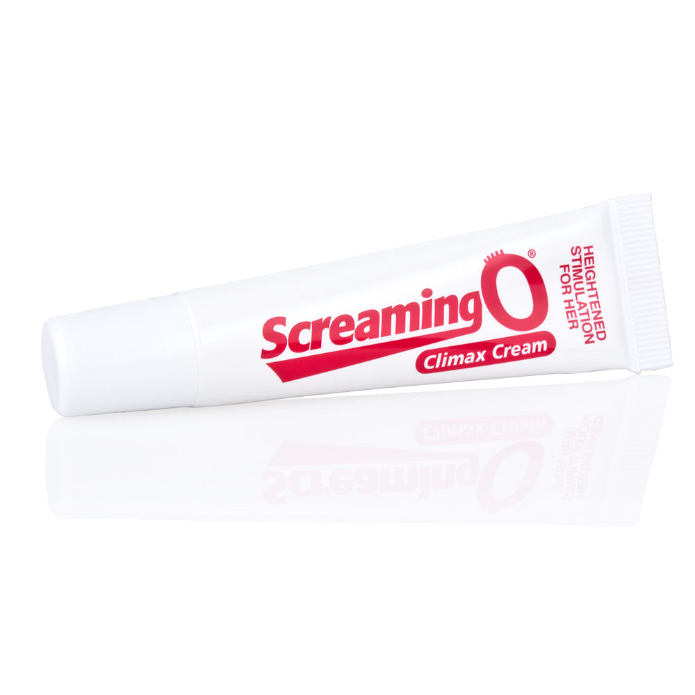 Screaming O Climax Cream tube with red lettering on a white background.