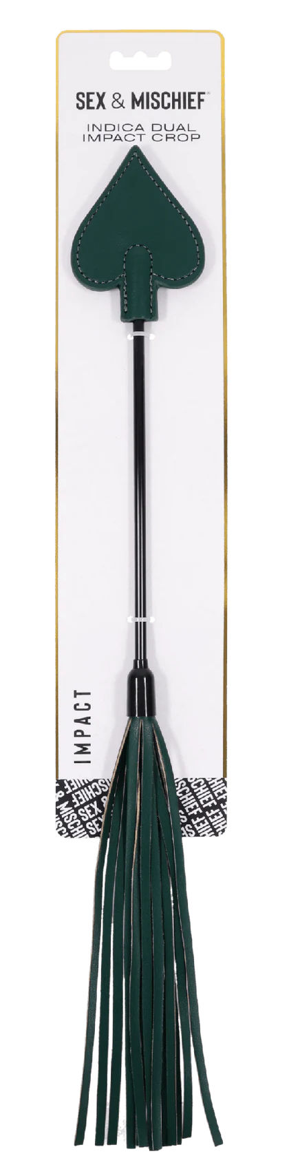 Emerald green dual impact crop with faux leather falls on a white card.