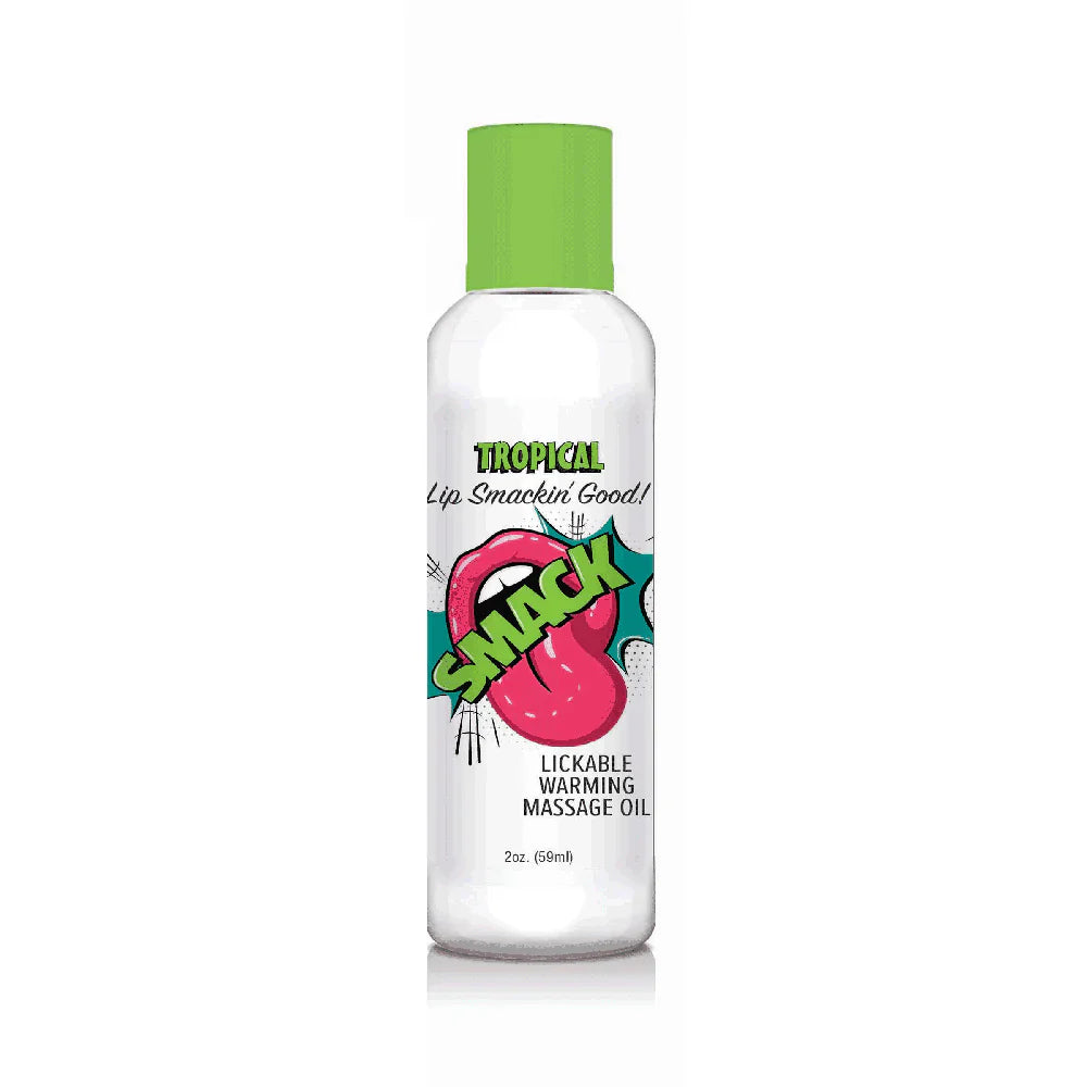 Tropical warming massage oil with a lickable formula and a comic-style lip graphic.