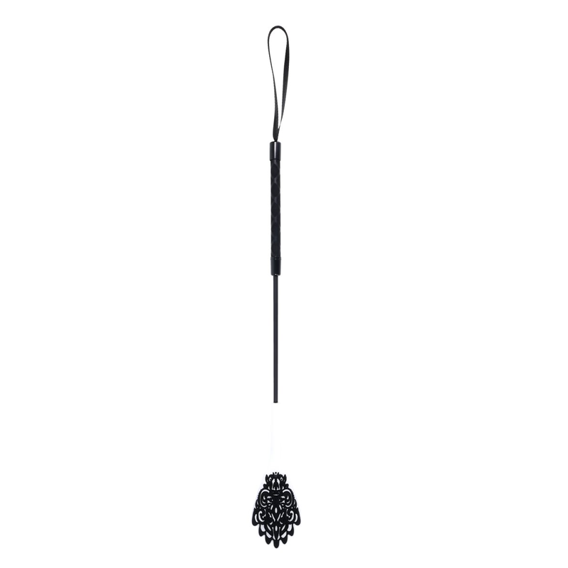 Black silicone crop with a lace-patterned tip and wrist loop.