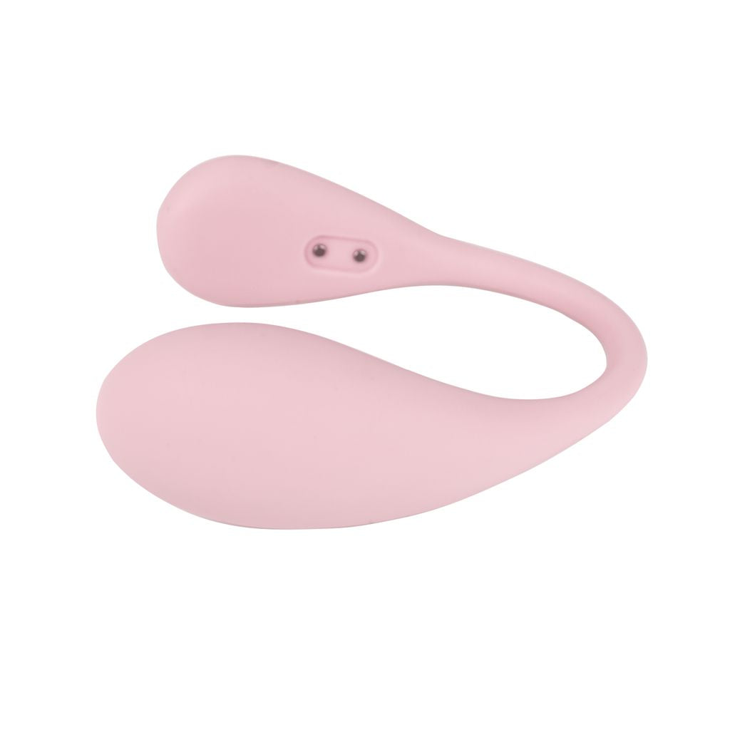 A pink, curved wearable egg vibrator with two small circular indentations.