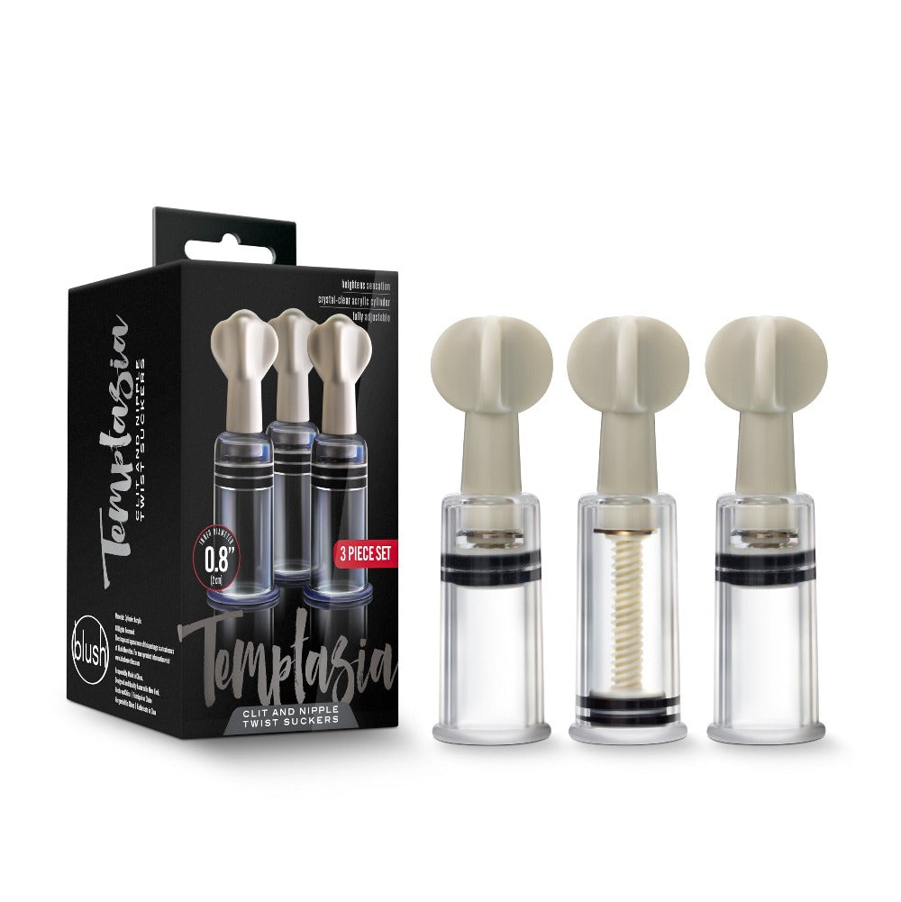 A 3-piece set of clear acrylic clit and nipple twist suckers with beige tops.