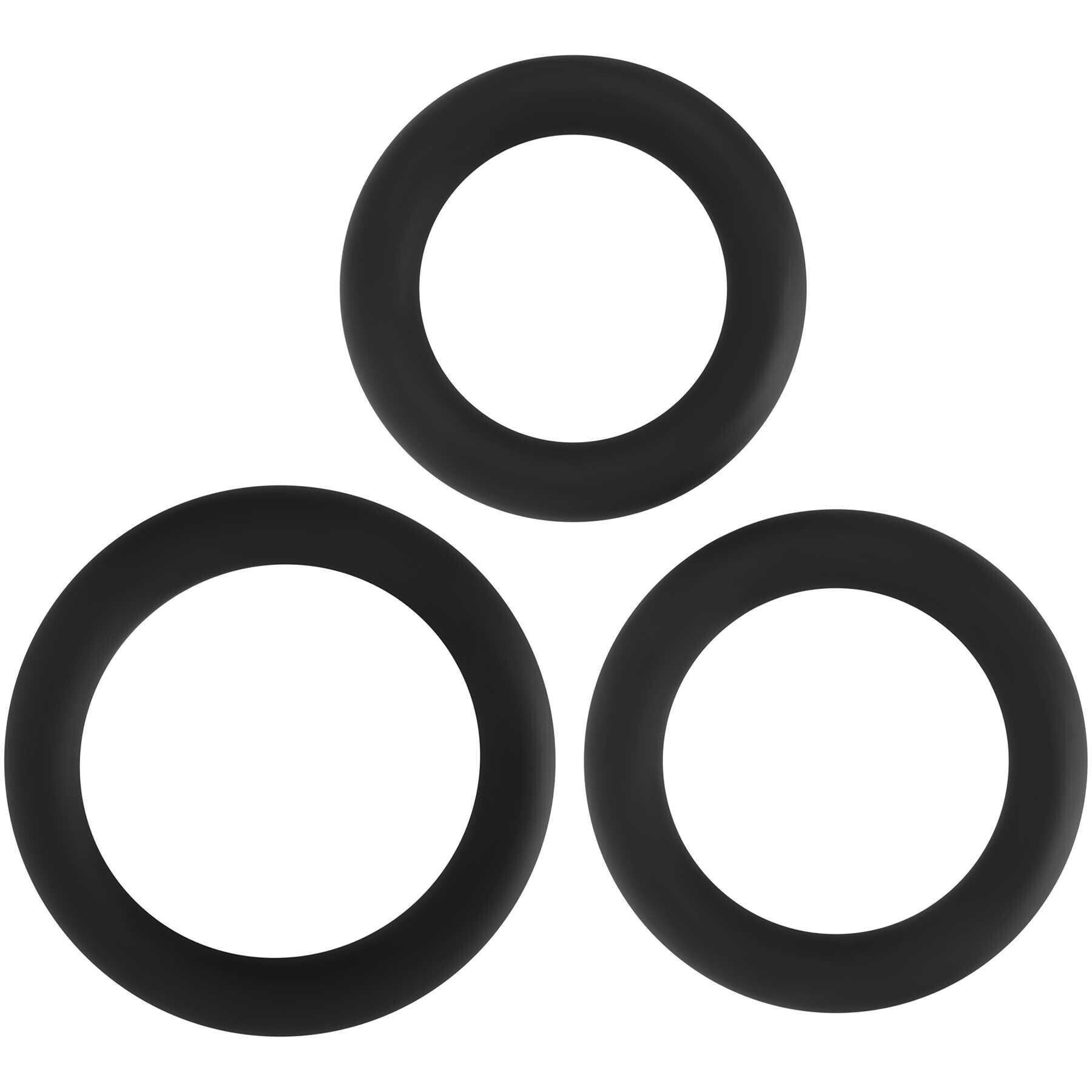Three black silicone rings of varying sizes.