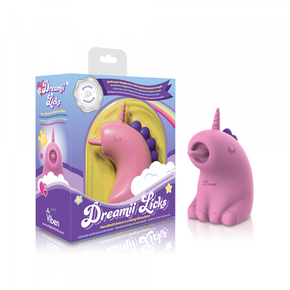 A pink unicorn licking stimulator with a purple mane and horn.