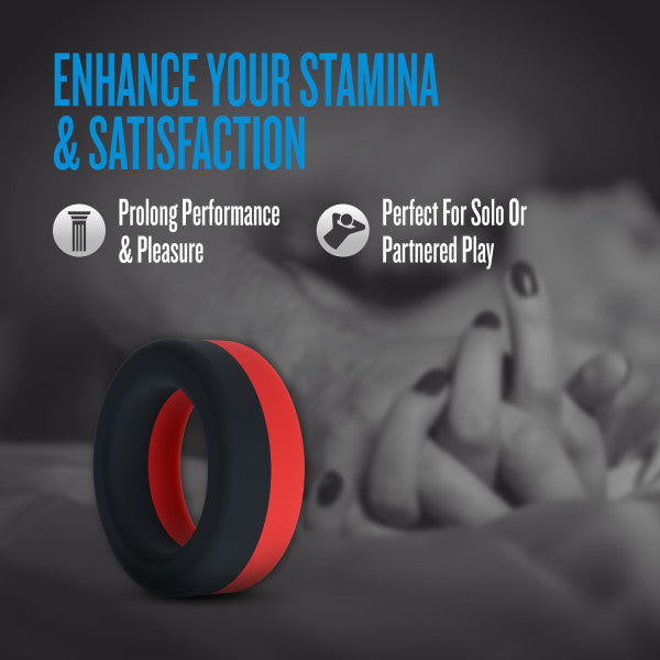 Thick black and red silicone cock ring for stamina and pleasure.