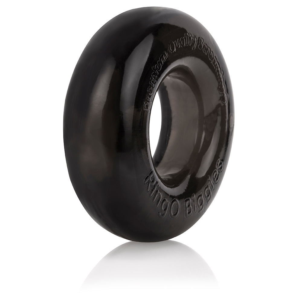 Thick black stretchy cock ring with "Screaming O Biggies" embossed.