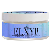 Sensuva Elxyr Sweet Temptation body butter in a clear jar with a blue floral label.