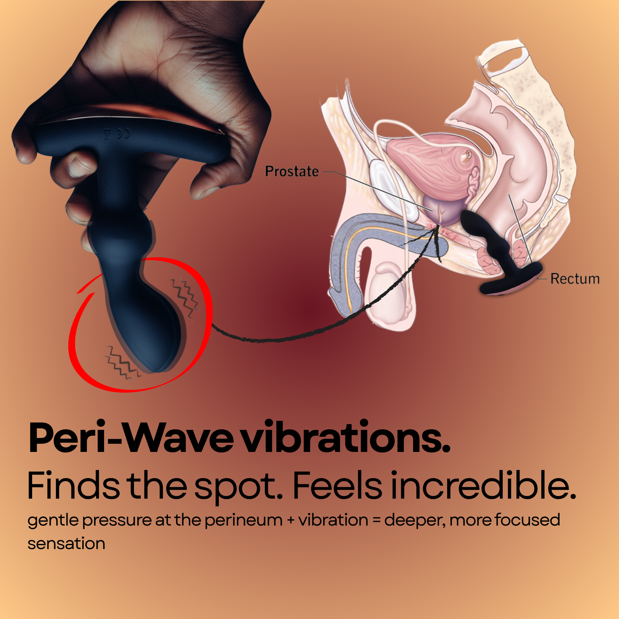 A hand holds a black prostate massager with a curved tip and a flared base, next to an anatomical illustration of the male pelvic region.