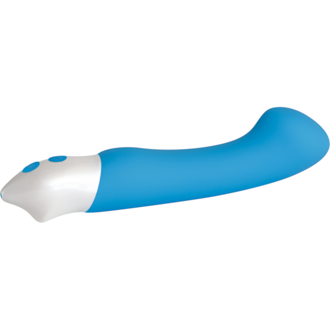 Blue and white G-spot vibrator with a flat head and curved shaft.