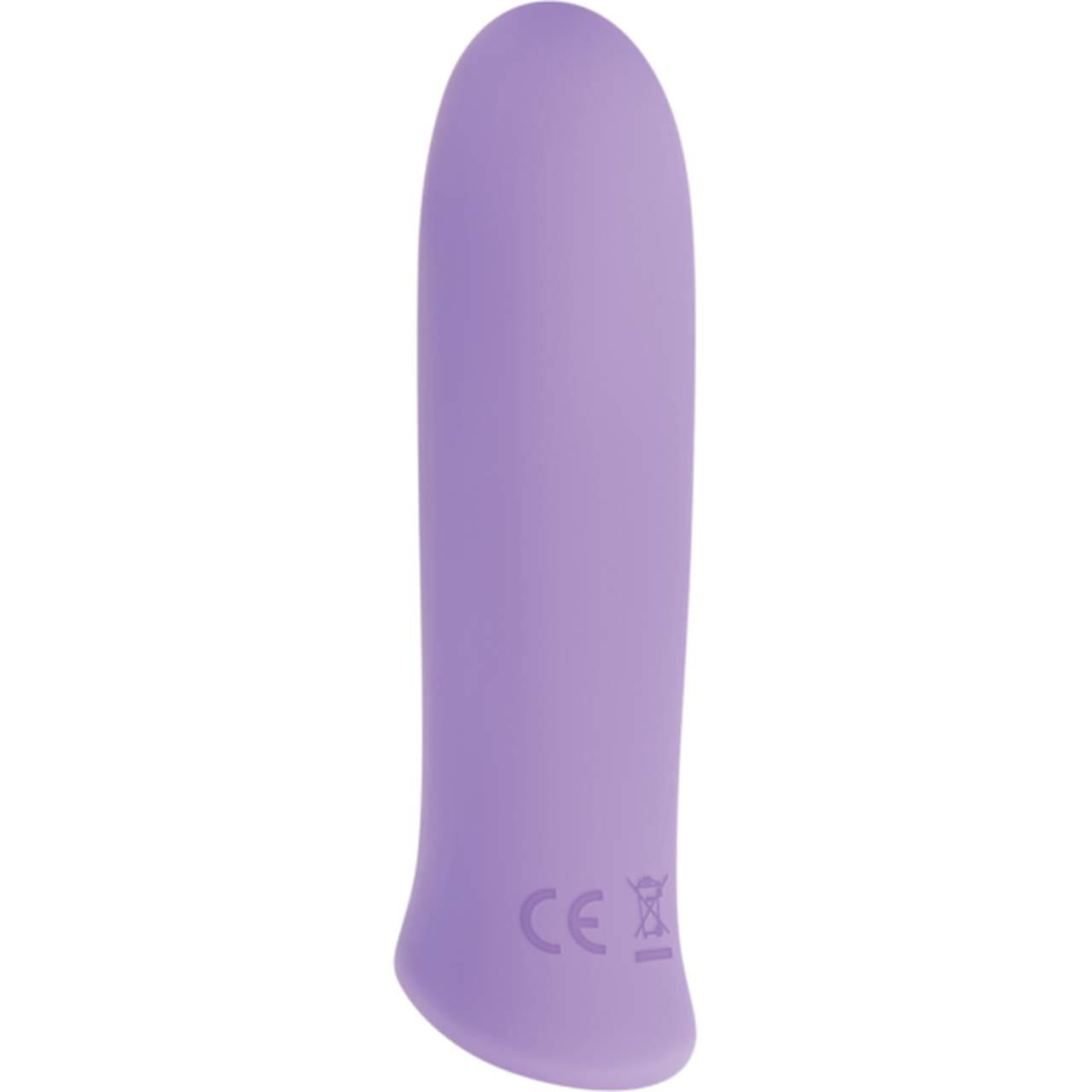 A purple silicone vibrating bullet with CE marking.