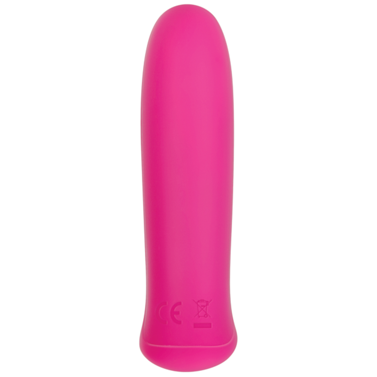 Pink rechargeable waterproof bullet vibrator with CE and crossed-out bin symbols.