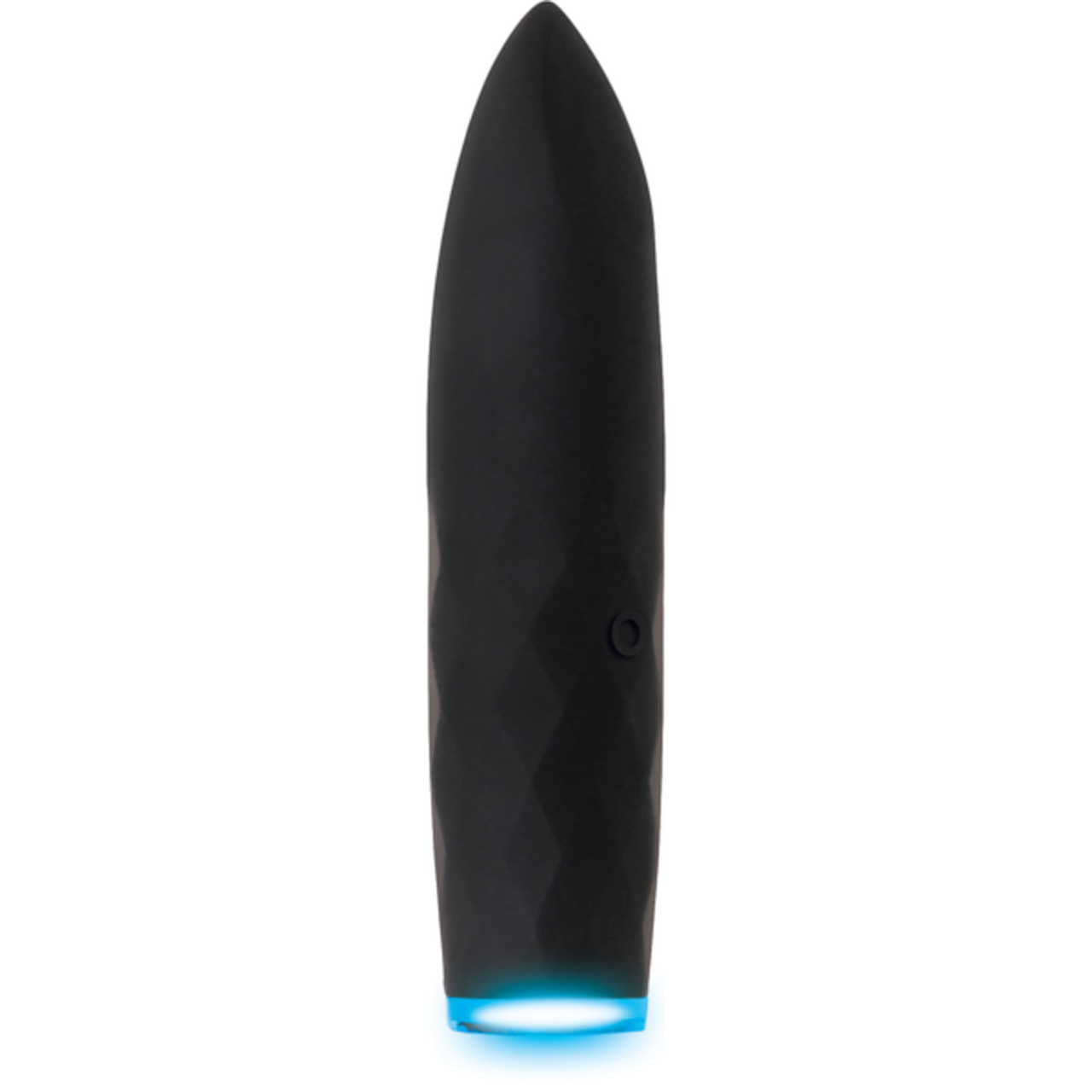 A black, bullet-shaped vibrator with a flat tip and blue LED light.