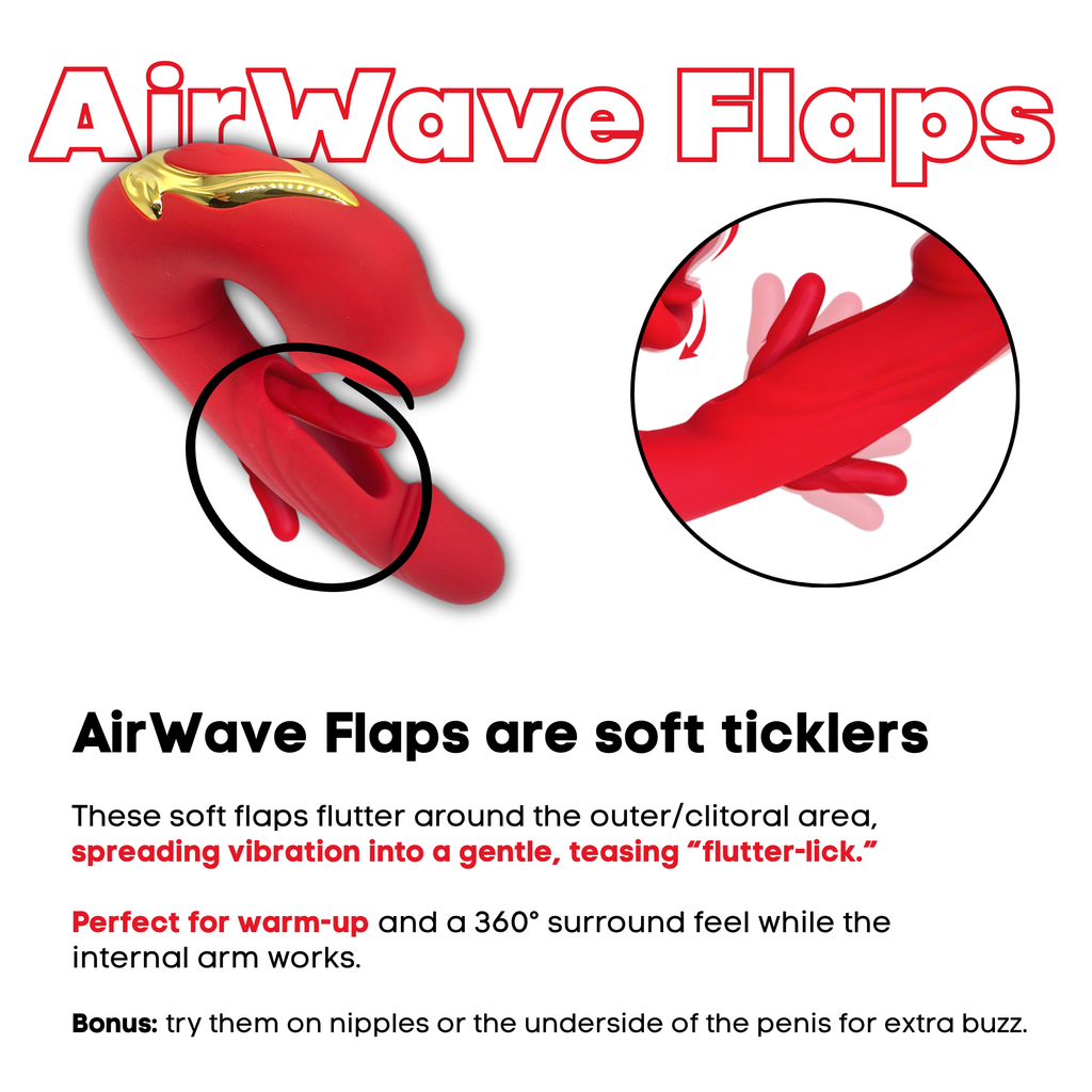 Red silicone vibrator with gold accent and detailed flaps.