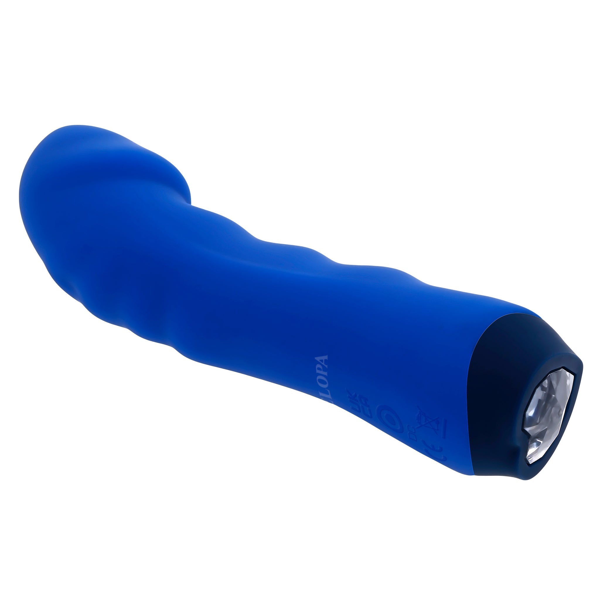 A blue, curved silicone vibrator with a textured shaft and a gem control button.