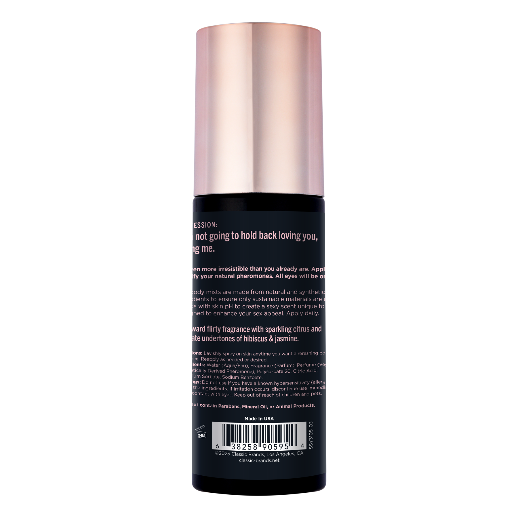 A bottle of Pheromone Body Mist with a rose gold cap and black label.