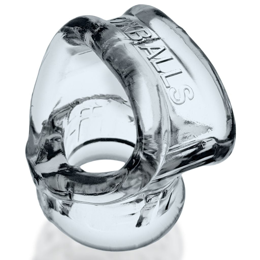 Clear Cocksling Fit Slim cock ring and ball stretcher with embossed text.