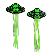 Two neon green UFO alien nipple pasties with tassels.