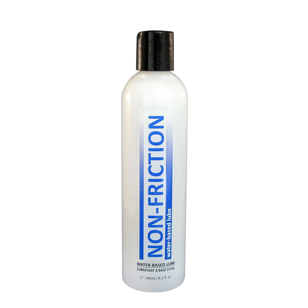 A white bottle of Non-Friction water-based lubricant with blue text.