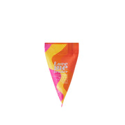 A triangular packet of Love me tender massage oil with a colorful wavy design.