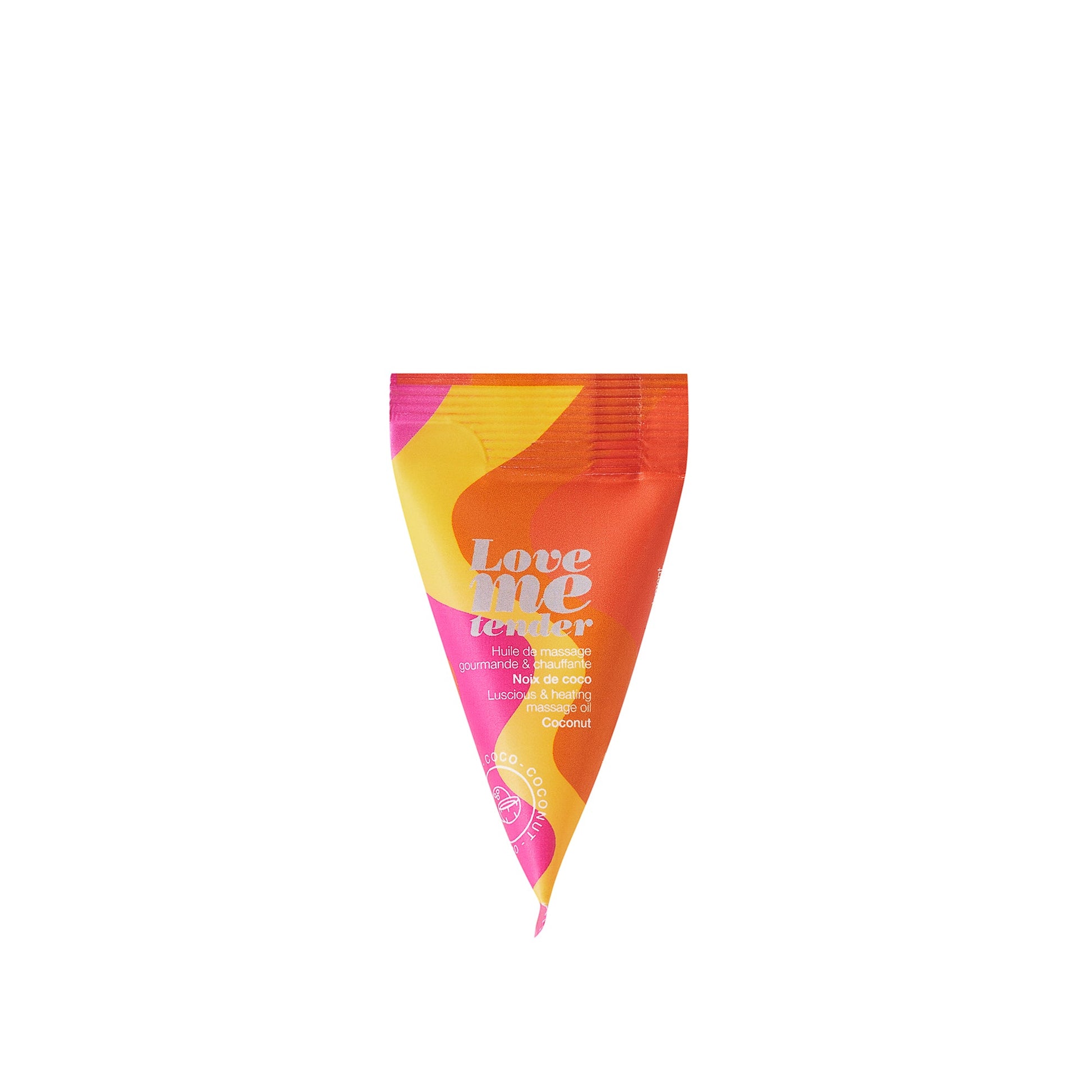 A triangular packet of Love me tender massage oil with a colorful wavy design.