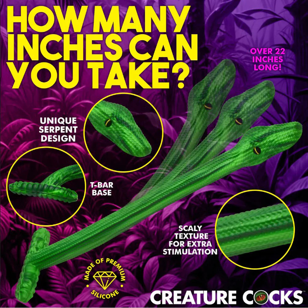 A green silicone anal snake dildo with a textured body and T-bar base.