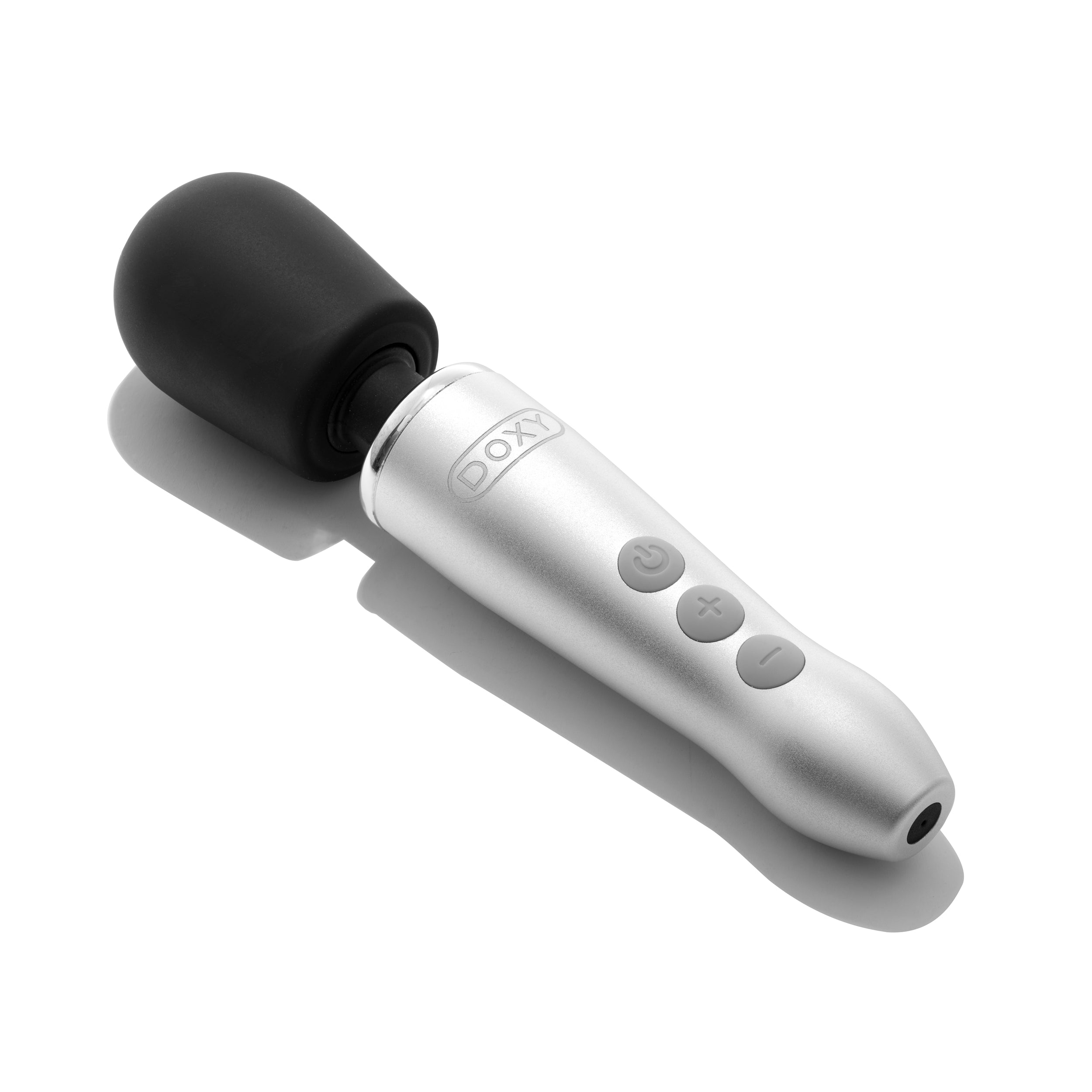 A silver Doxy Go wand massager with a black head and grey buttons.